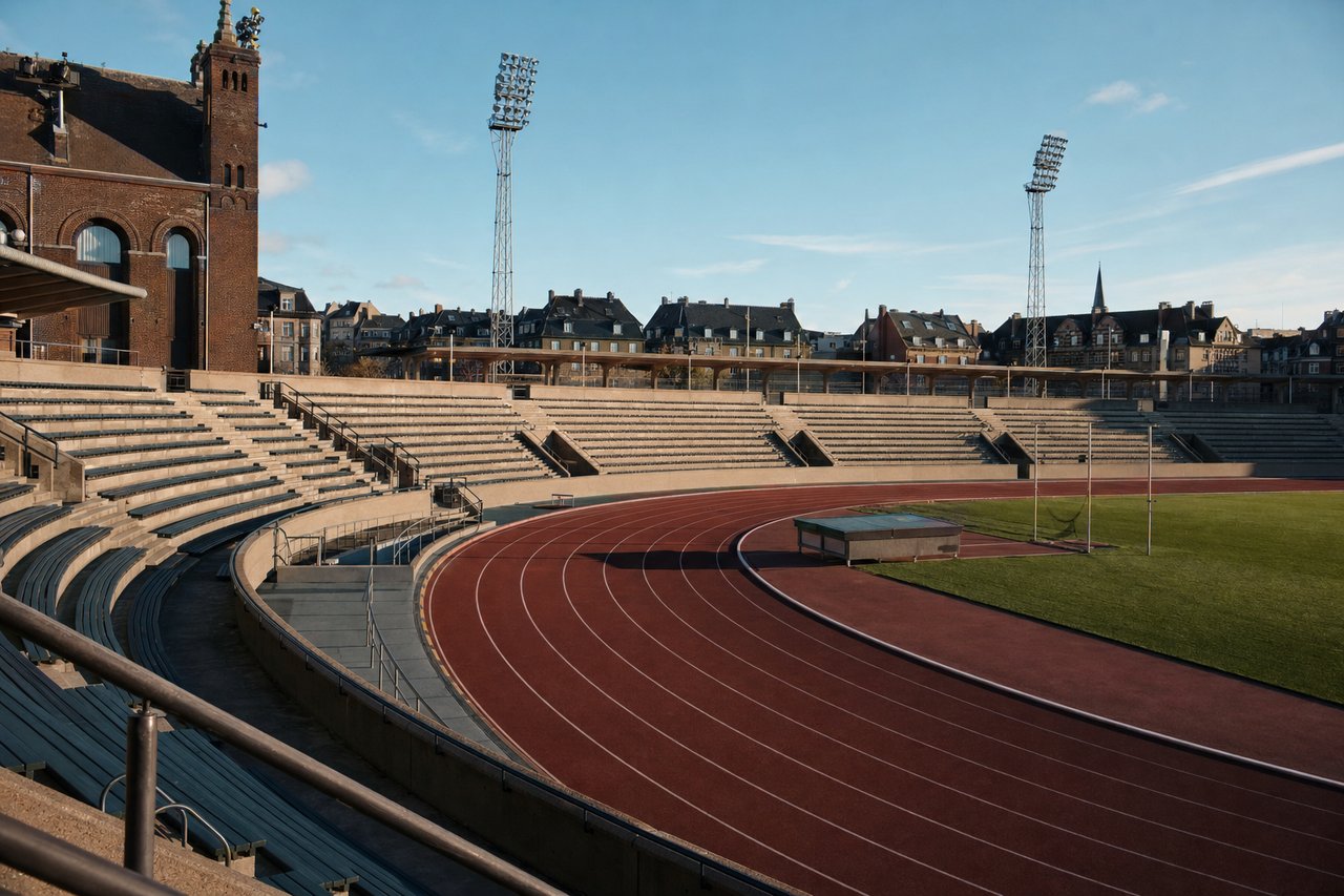Nowoczesny stadion lekkoatletyczny z bieżnią i trybunami